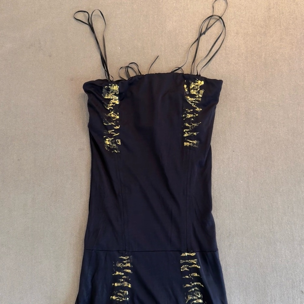 Vintage Marciano Black & Gold Ruched Midi Dress - Picture 7 of 8